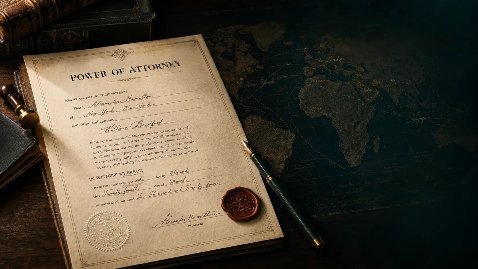 A power-of-attorney document beside a world map, symbolizing the legal trust POA's name is built on.