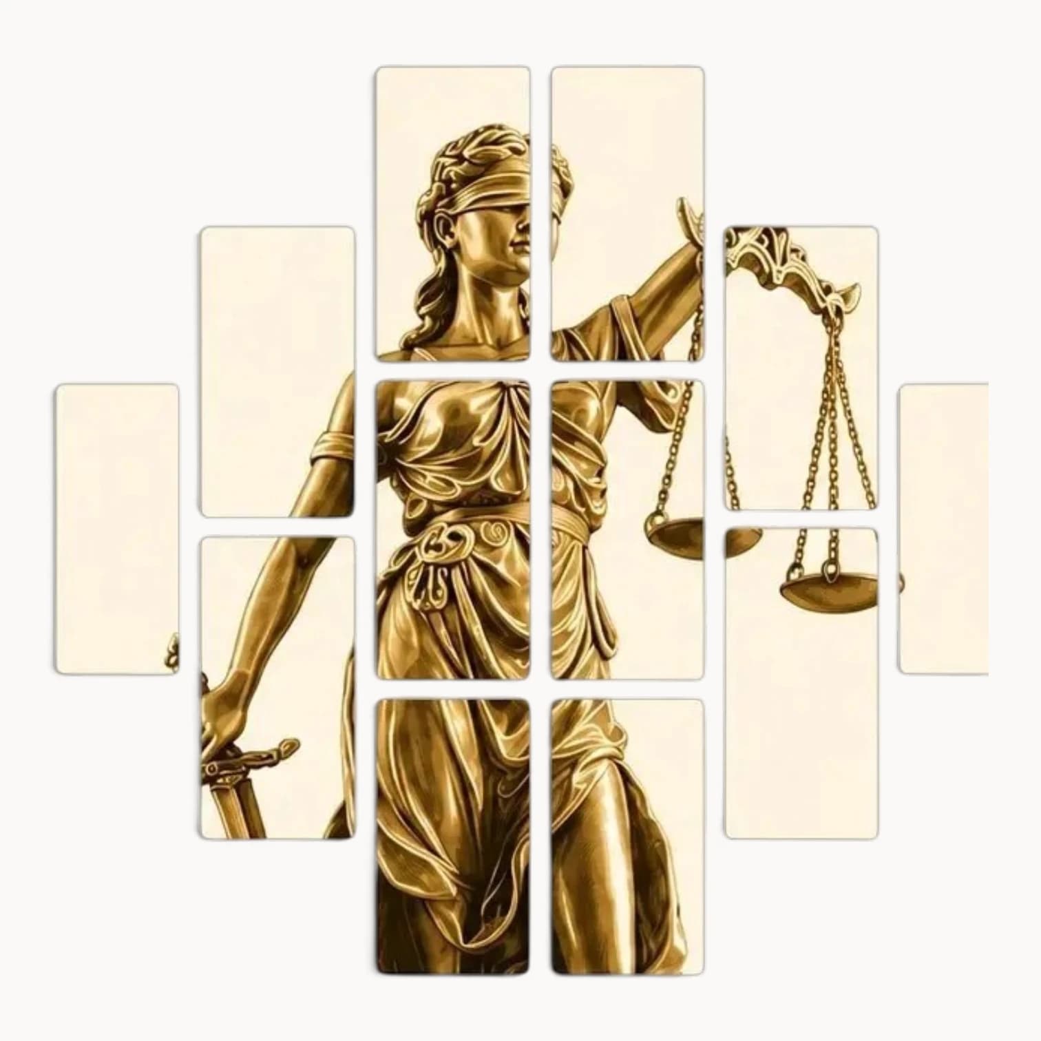 Golden Lady Justice statue presented in segmented mosaic panels