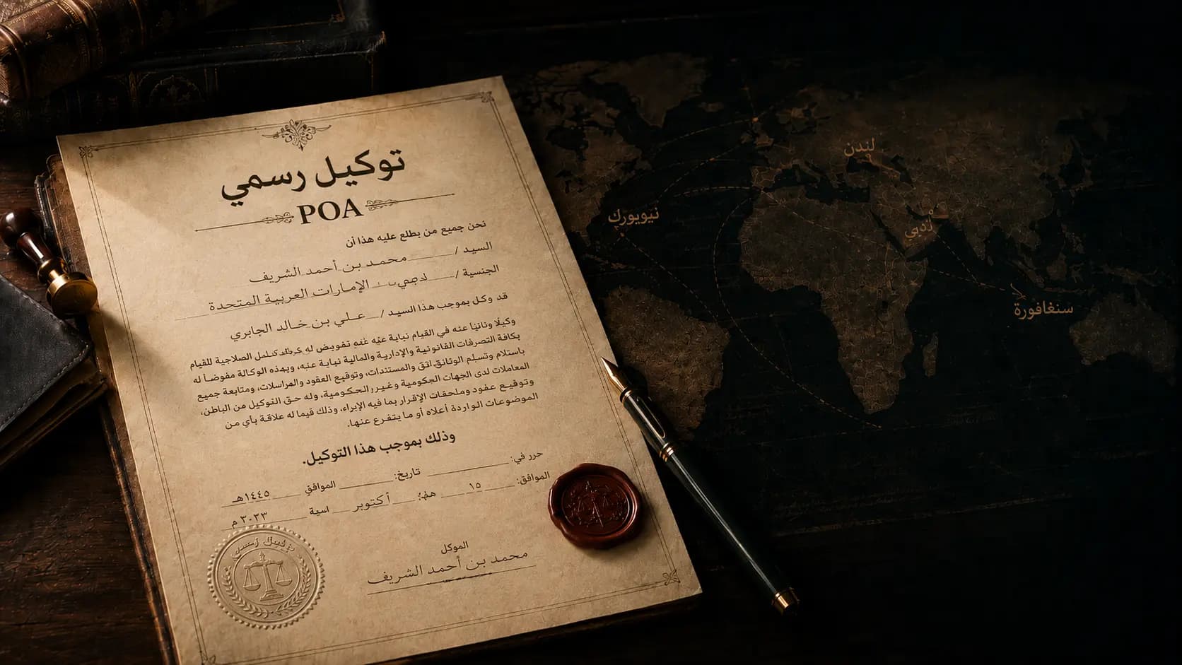 وثيقة توكيل رسمي إلى جانب خريطة للعالم، ترمز إلى الثقة القانونية التي بُني عليها اسم POA.