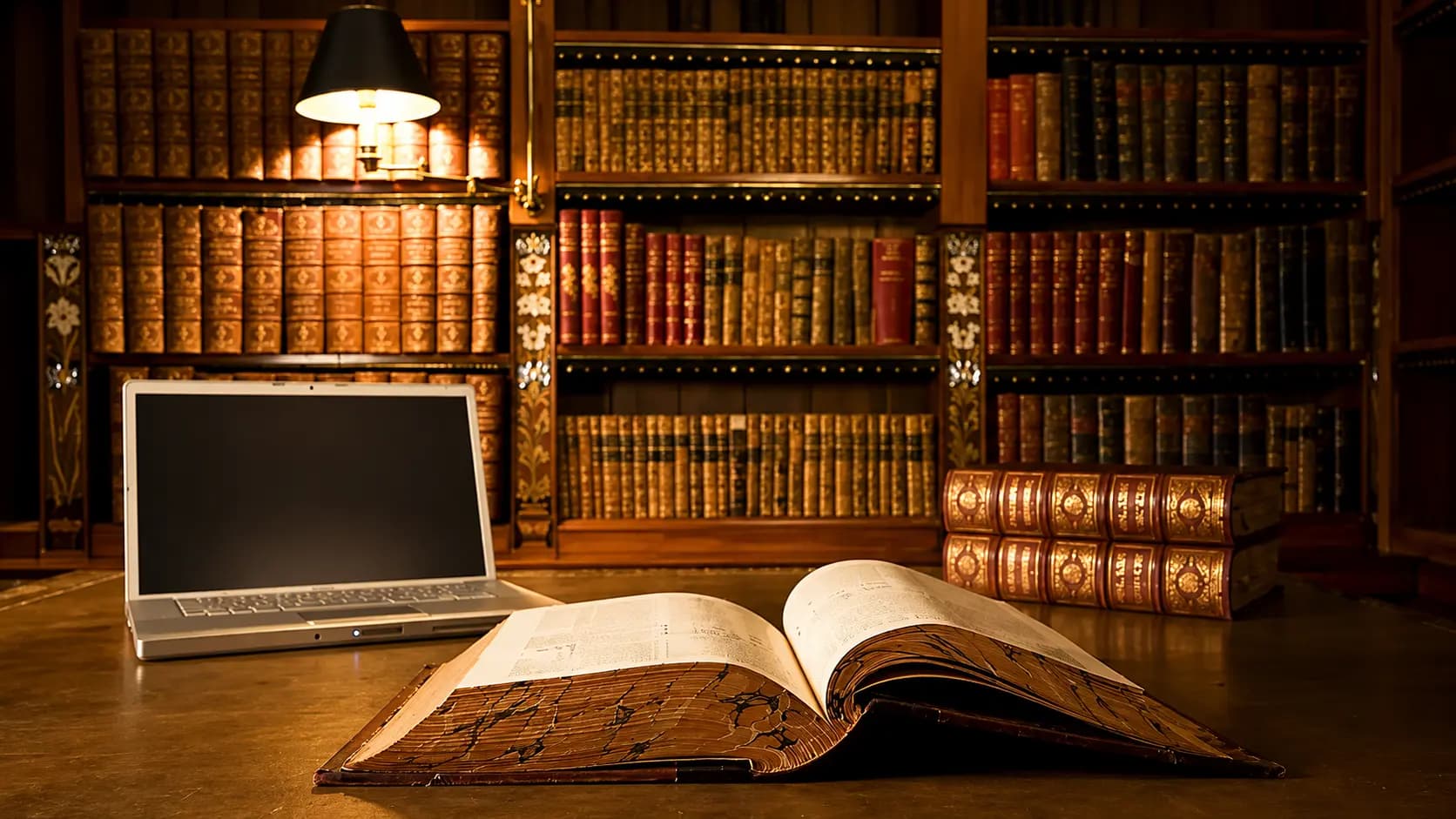 حاسوب محمول وكتاب أثري مفتوح على مكتب أمام مكتبة من الخشب مليئة بالمجلدات القانونية المجلدة، تحت إضاءة مصباح للقراءة.