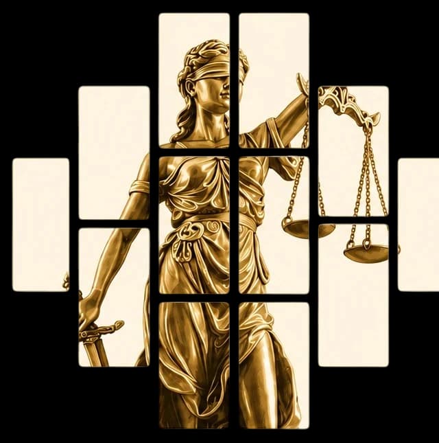 Golden Lady Justice statue presented in segmented mosaic panels