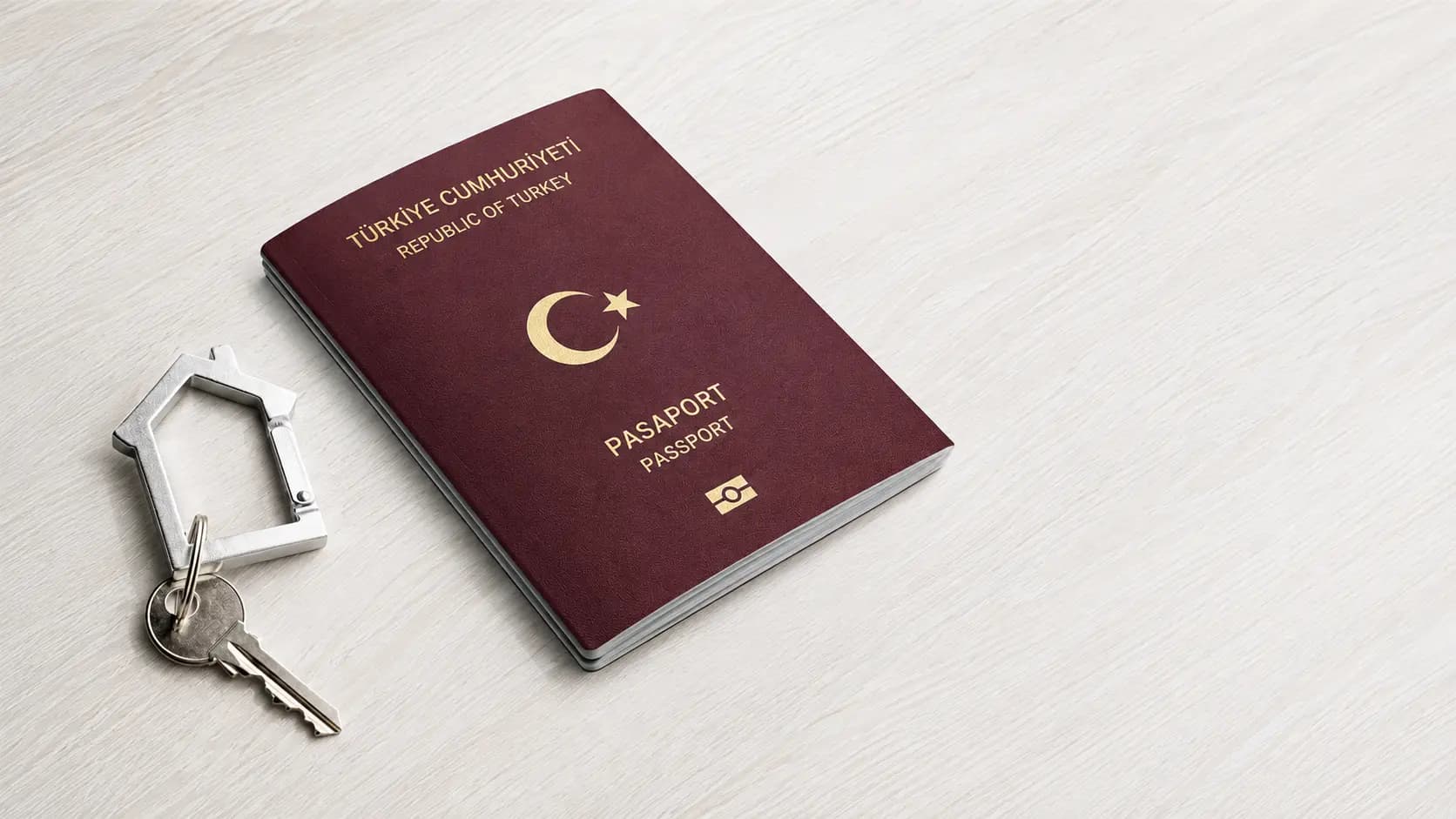A Turkish passport resting beside a house-shaped keyring on a light wooden surface, representing citizenship gained through property and investment.