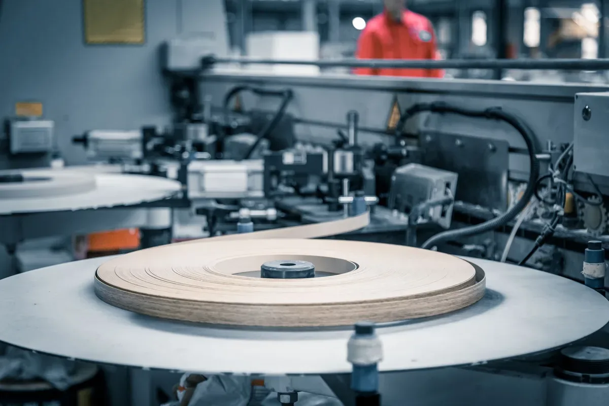 A layered round wooden disc resting on a metal industrial machine.